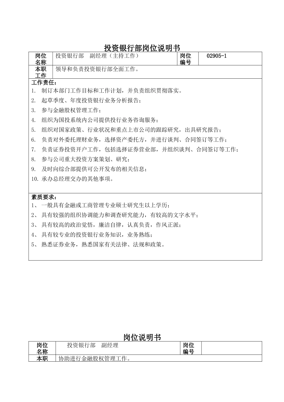 投资银行部岗位说明书_第1页