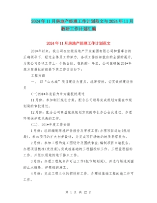 2024年11月房地产经理工作计划范文与2024年11月教研工作计划汇编
