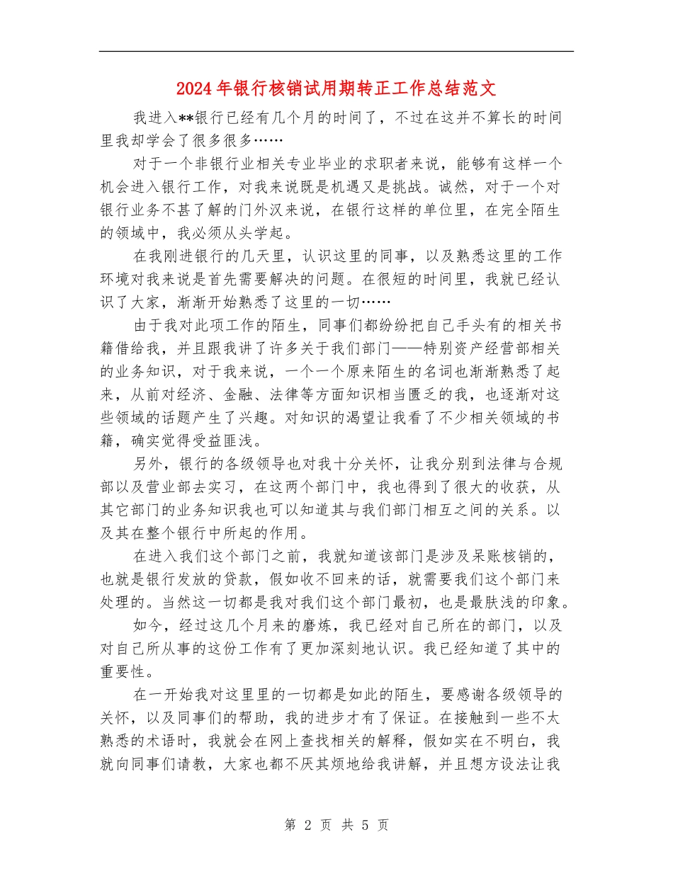 2024年银行核销试用期转正工作总结范文_第2页