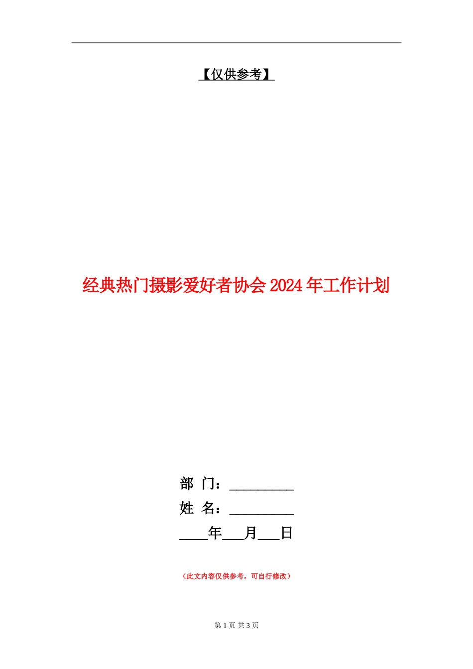 经典热门摄影爱好者协会2024年工作计划_第1页