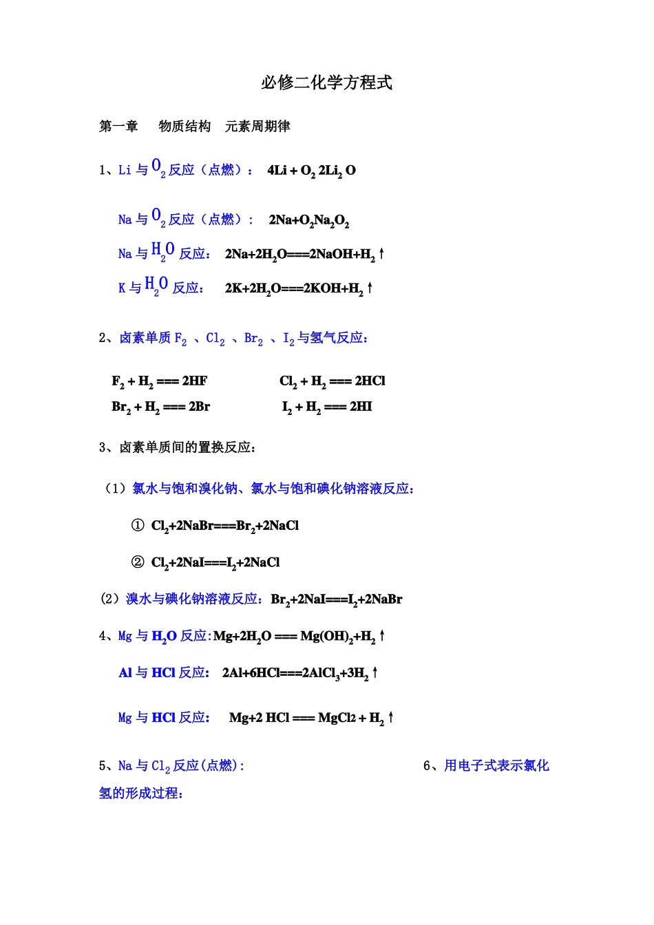 化学必修二化学方程式总结_第1页