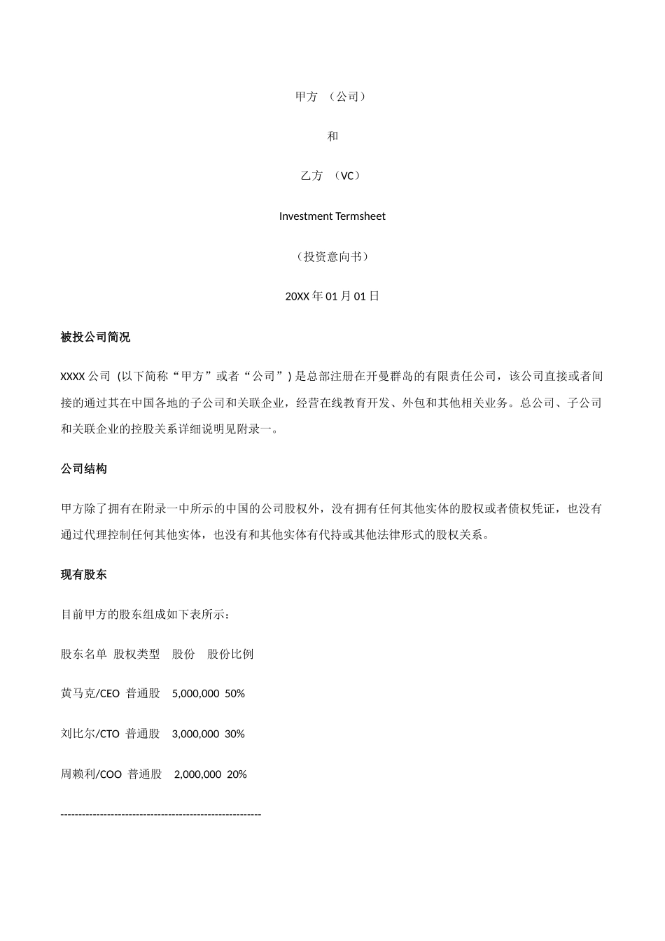 投资意向书 实例模板_第1页