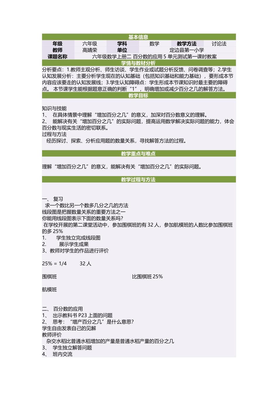 六年级数学上册二百分数的应用5单元测试第一课时教案_第1页