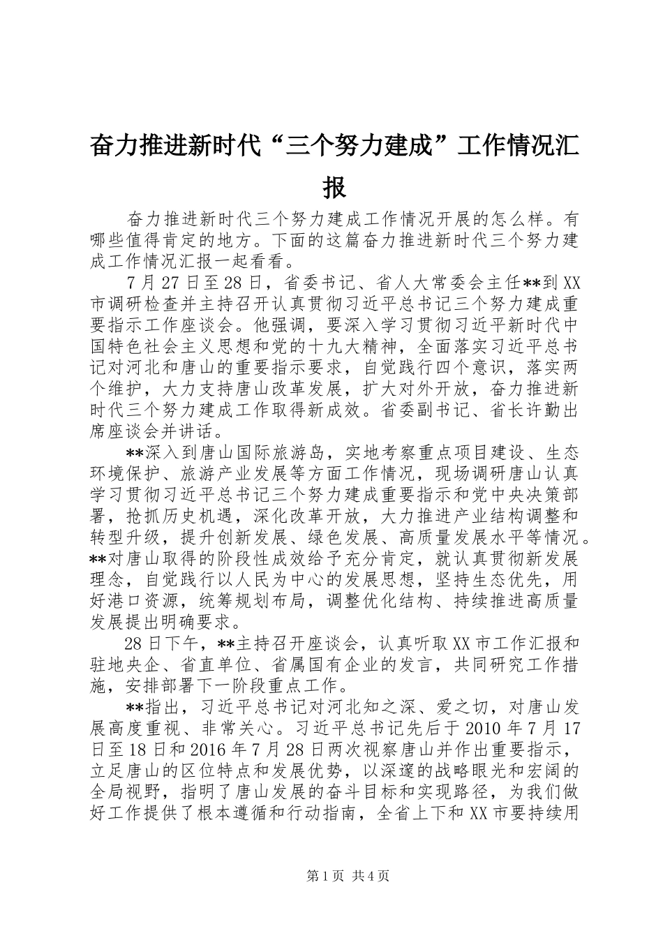 奋力推进新时代“三个努力建成”工作情况汇报_第1页