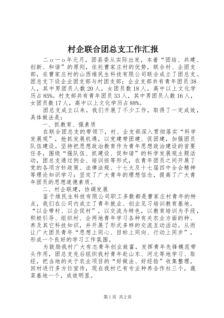 村企联合团总支工作汇报_第1页