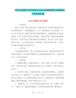 2024年团委工作计划表与2024年团委希望工程捐助站工作总结汇编