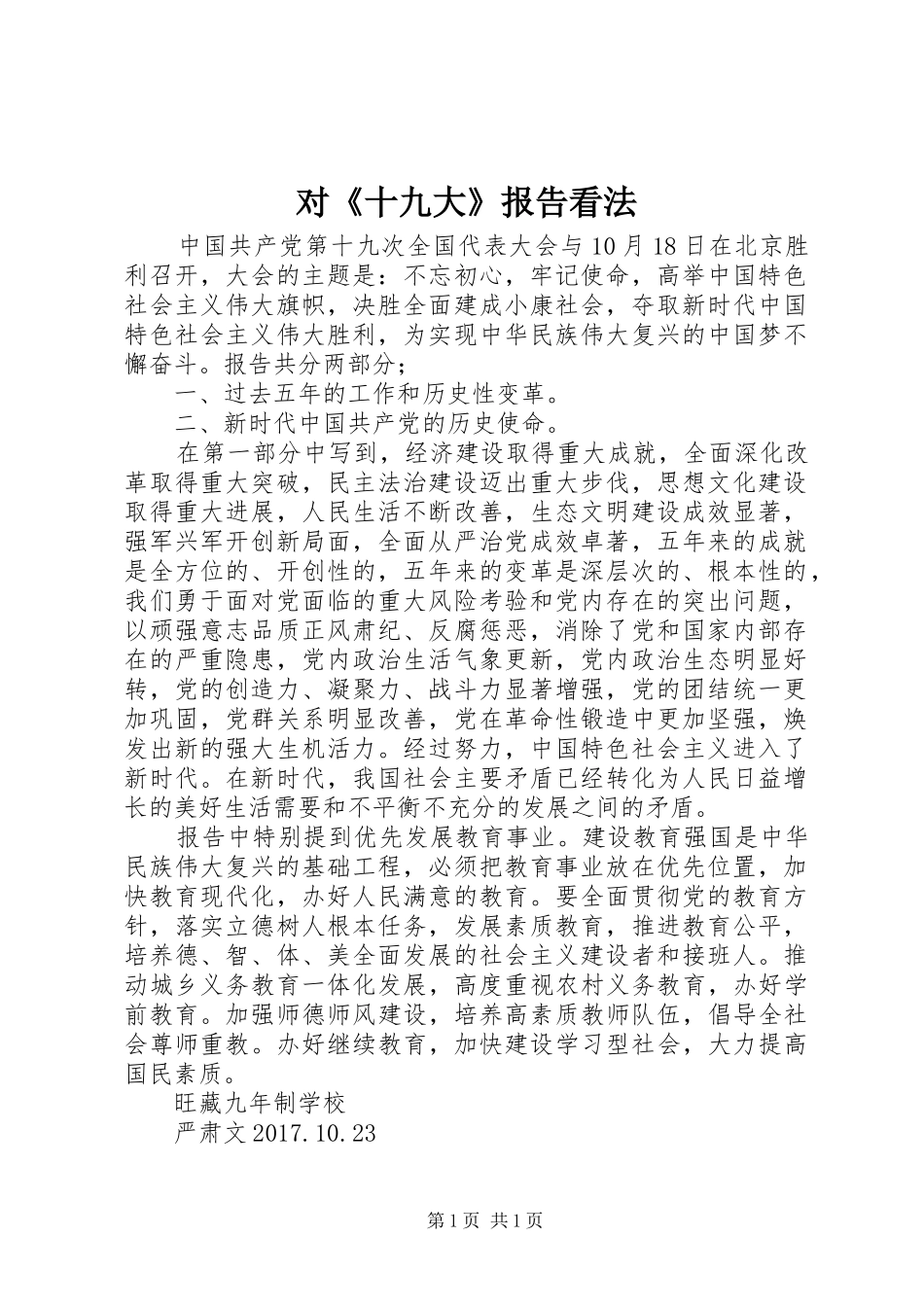 对《十九大》报告看法_第1页