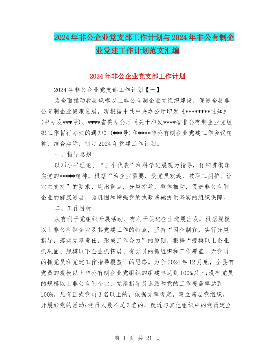 2024年非公企业党支部工作计划与2024年非公有制企业党建工作计划范文汇编_第1页