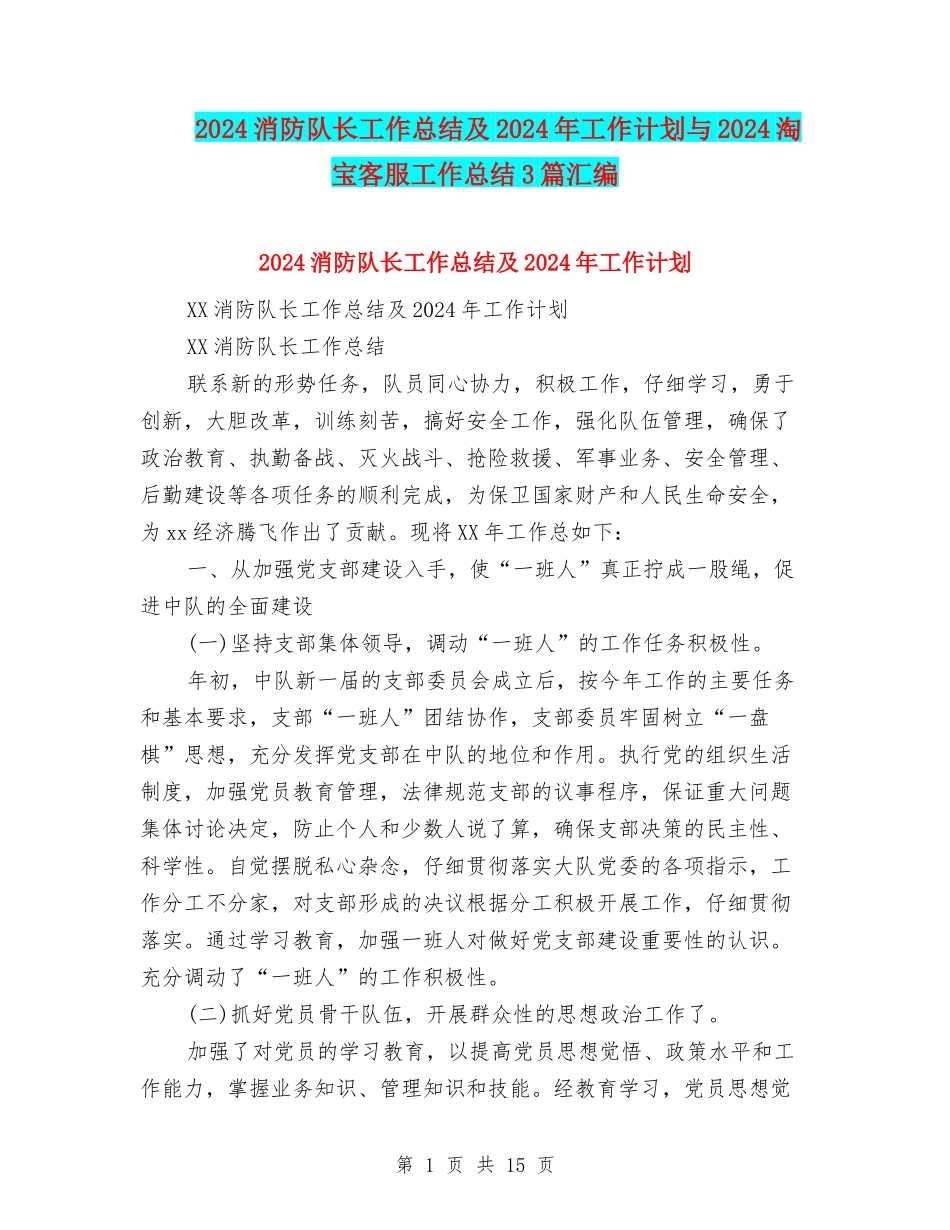 2024消防队长工作总结及2024年工作计划与2024淘宝客服工作总结3篇汇编_第1页