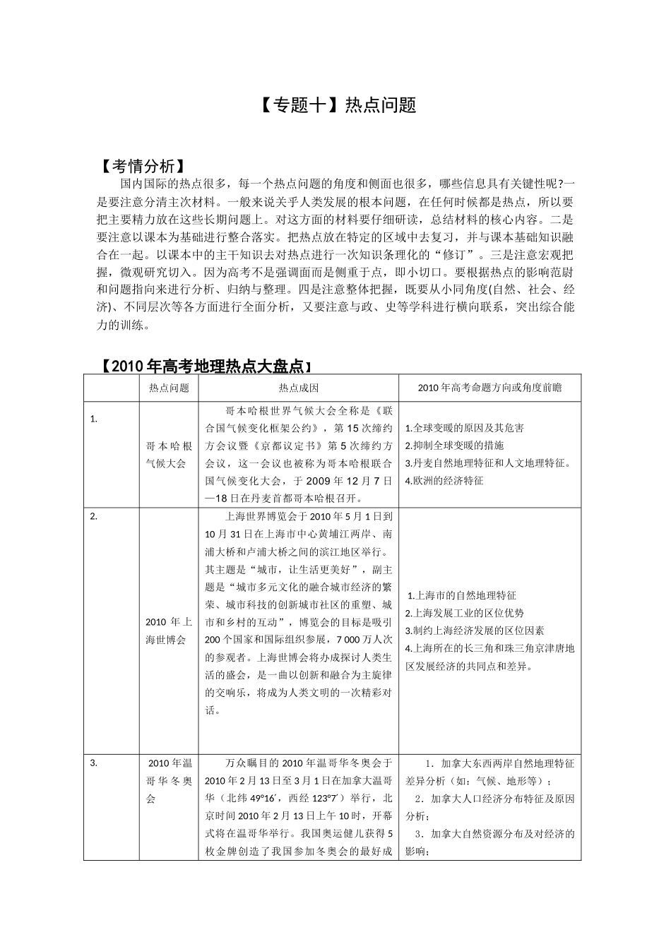 新课标2010高考地理二轮复习：专题十《热点问题》_第1页