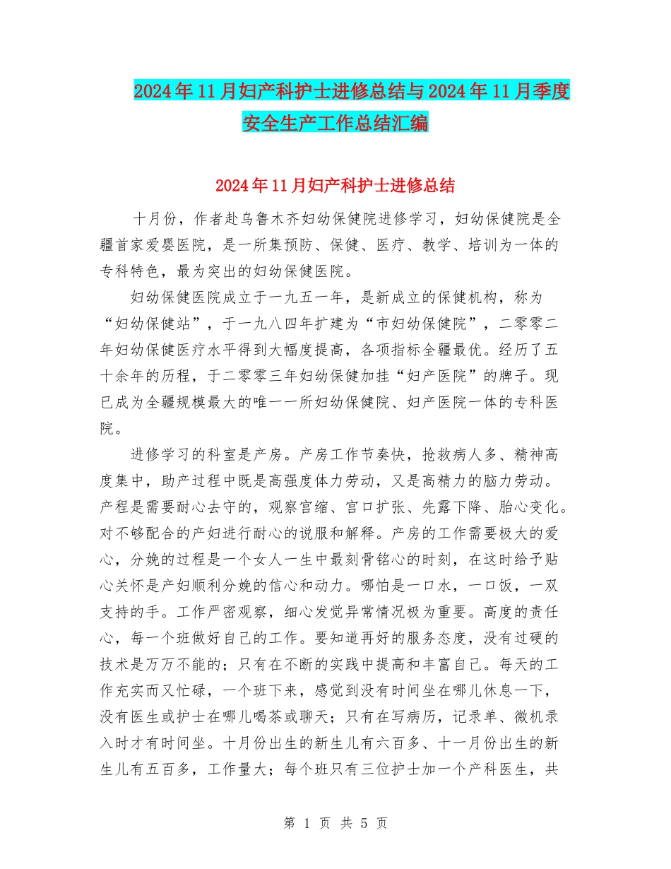 2024年11月妇产科护士进修总结与2024年11月季度安全生产工作总结汇编_第1页
