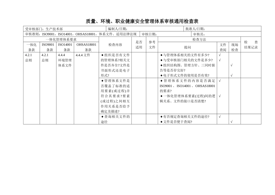 生产部车间、三合一管理体系内审检查表122_第1页