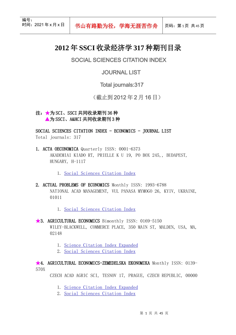 SSCI收录经济学317种期刊目录_第1页