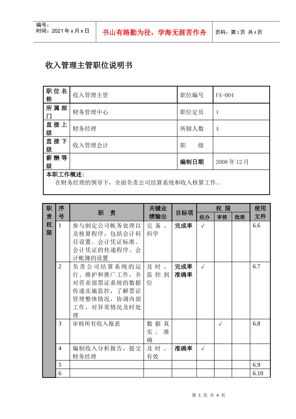 某航空物流公司收入管理职位说明书及关键绩效标准_第1页