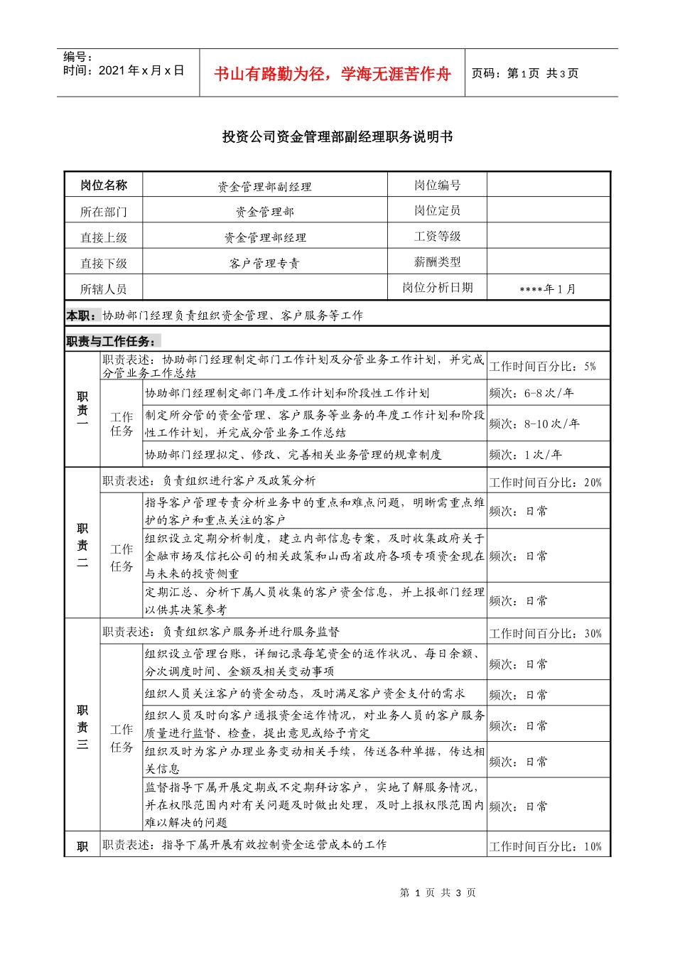 投资公司资金管理部副经理职务说明书_第1页