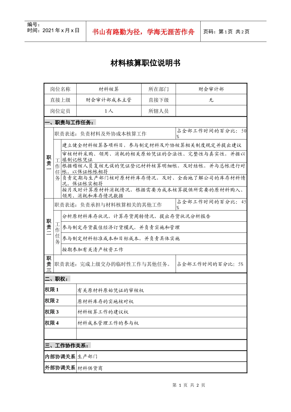 财会审计部材料核算岗位说明书_第1页