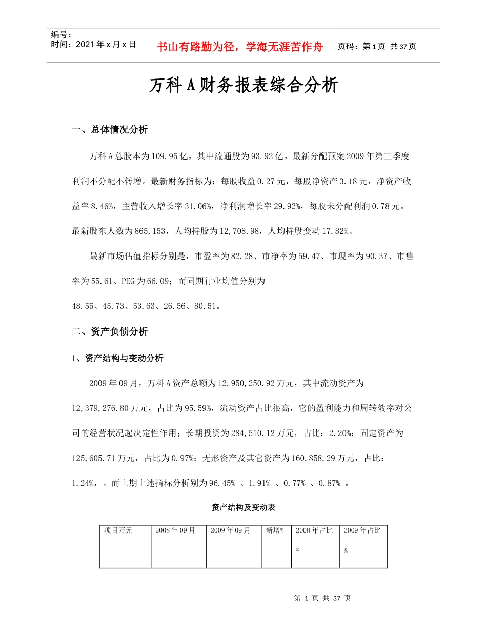 某地产A财务报表及综合管理知识分析_第1页