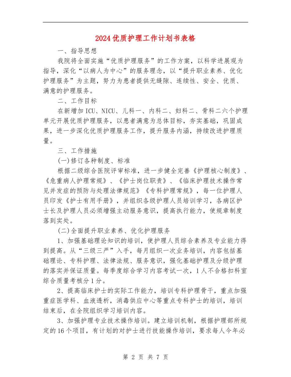 2024优质护理工作计划书表格_第2页