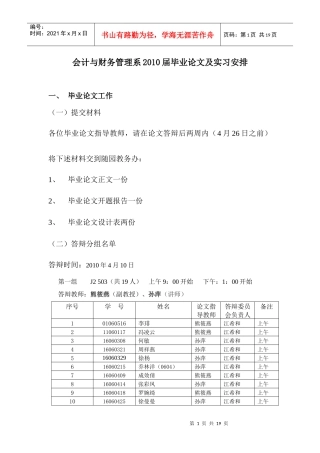 会计与财务管理系XXXX届毕业论文及实习安排