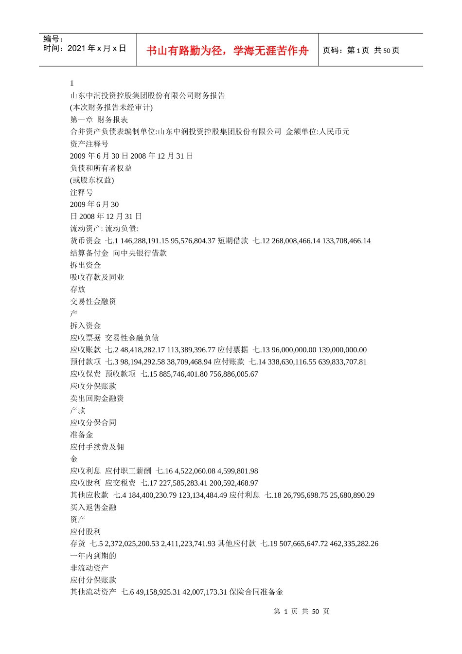 山东中润投资控股集团股份有限公司财务报告_第1页