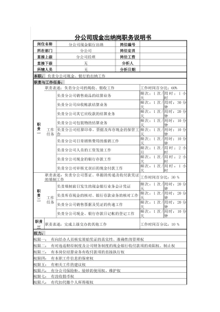分公司现金出纳岗职务说明书