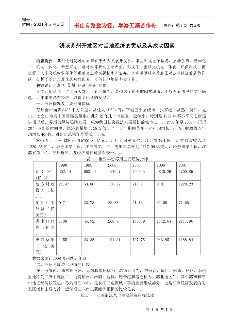 浅谈苏州开发区对当地经济的贡献及其成功因素_第1页