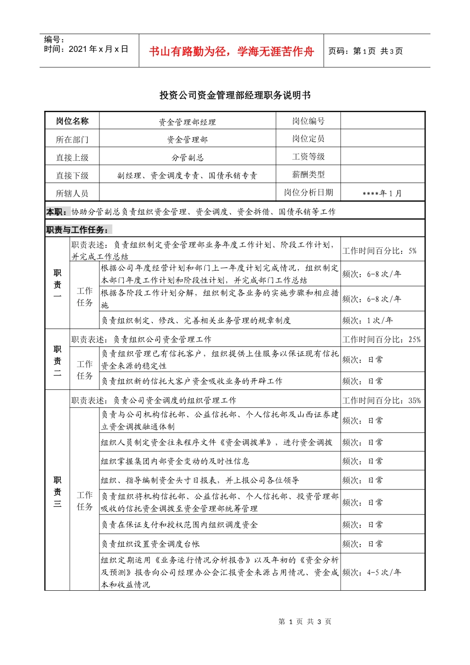 投资公司资金管理部经理职务说明书_第1页