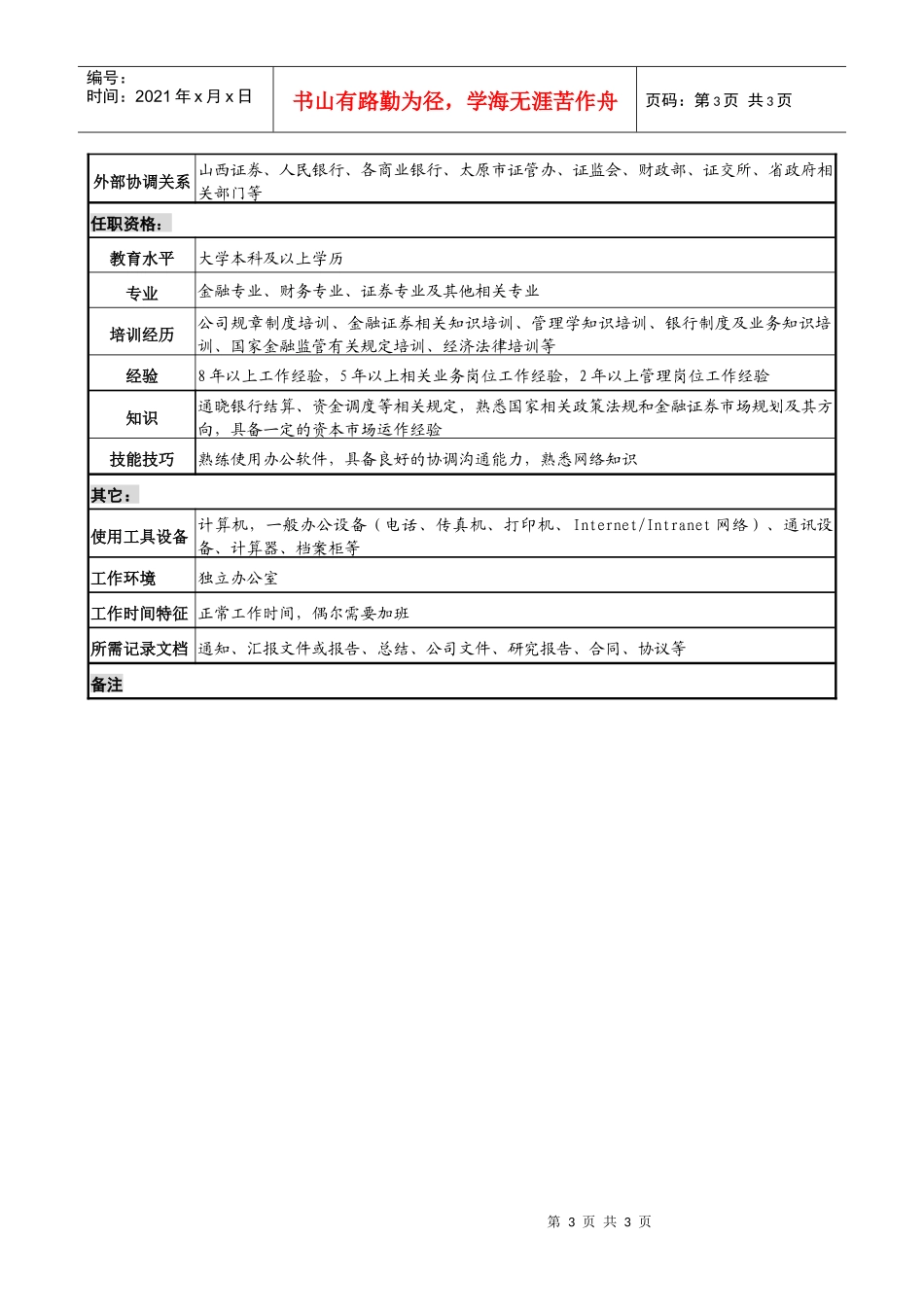 投资公司资金管理部经理职务说明书_第3页