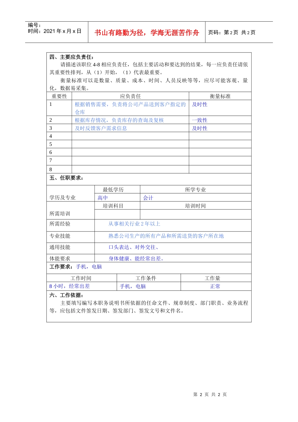 某大型汽车零部件公司营销部会计职位说明书_第2页