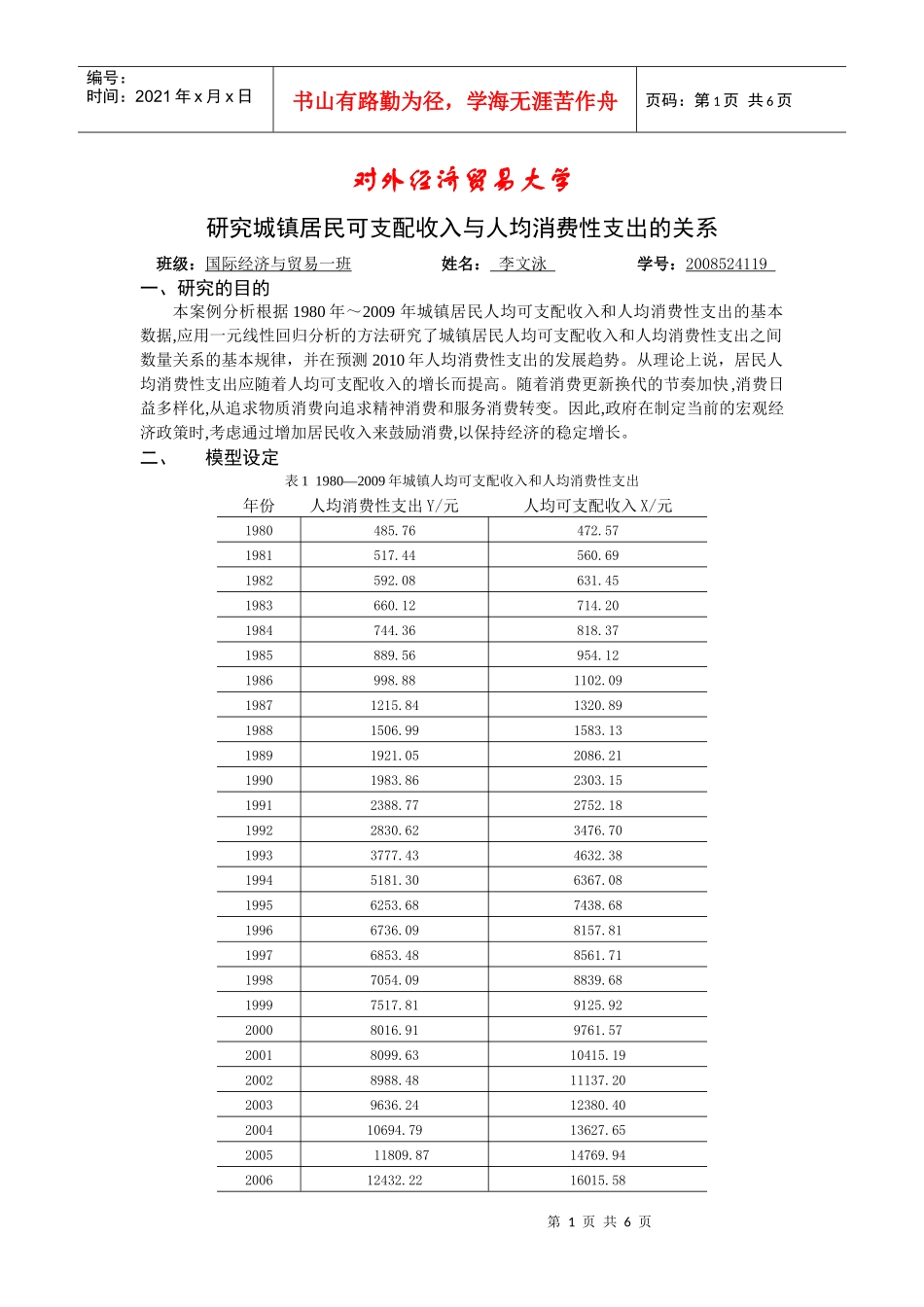 研究城镇居民可支配收入与人均消费性支出的关系(计量经济学模型)_第1页
