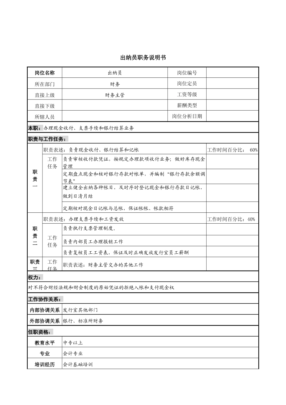 中国建筑研究所财务部出纳员职务说明书_第1页