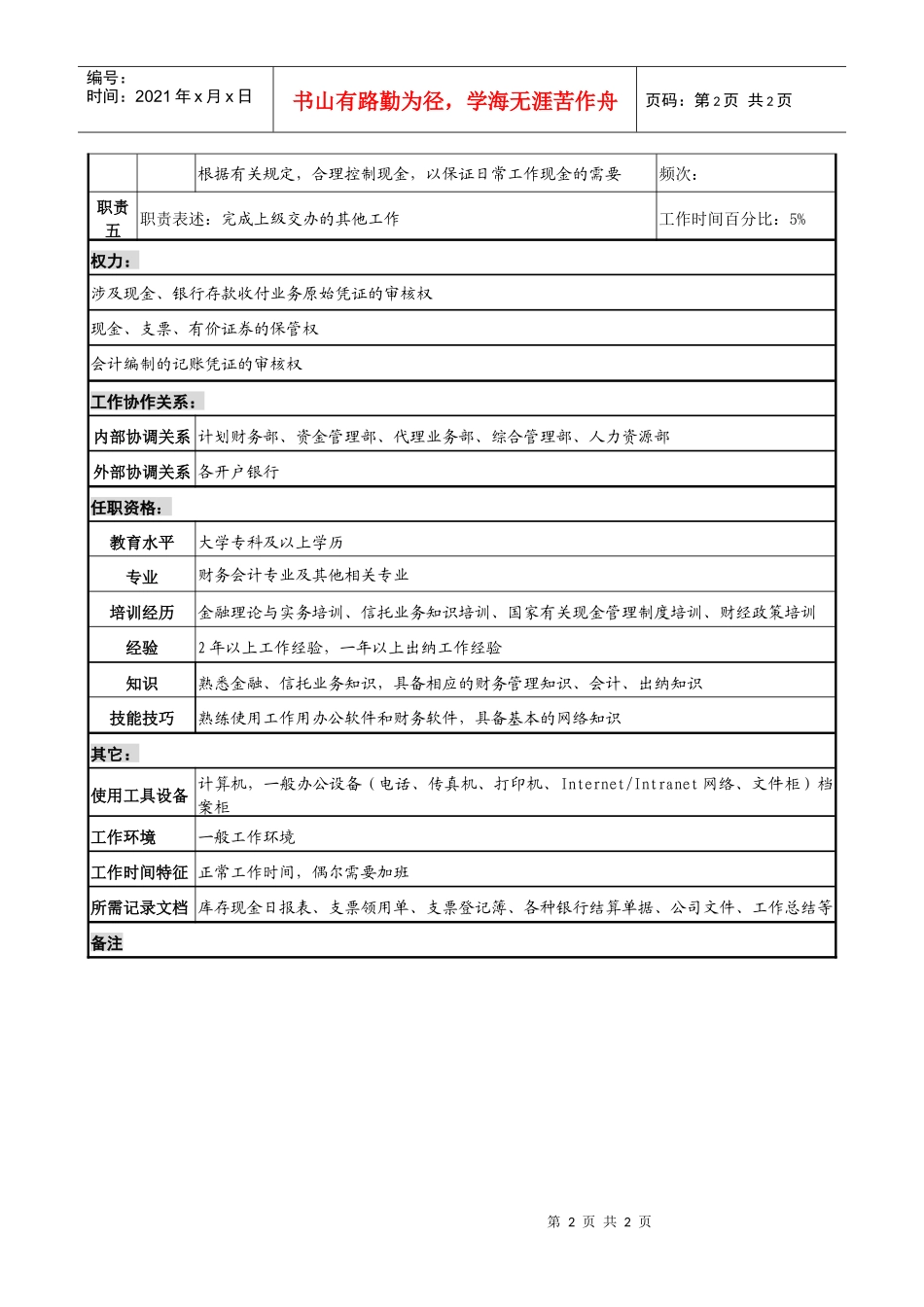 投资公司地市信托部出纳职务说明_第2页