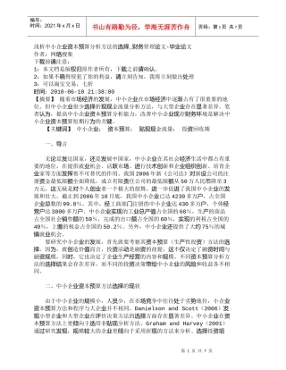 【精品文档-管理学】浅析中小企业资本预算分析方法的选择_财务