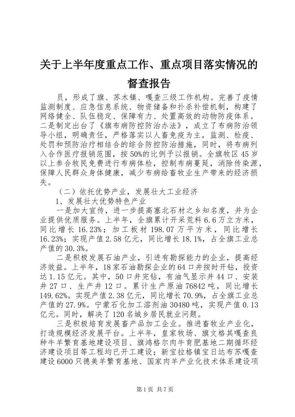 关于上半年度重点工作、重点项目落实情况的督查报告_第1页