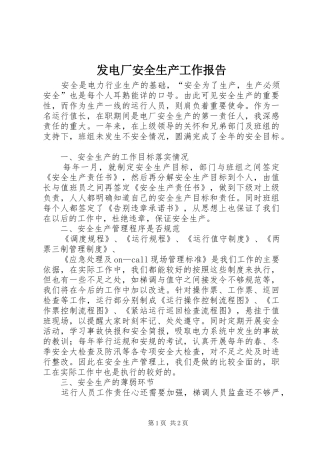 发电厂安全生产工作报告