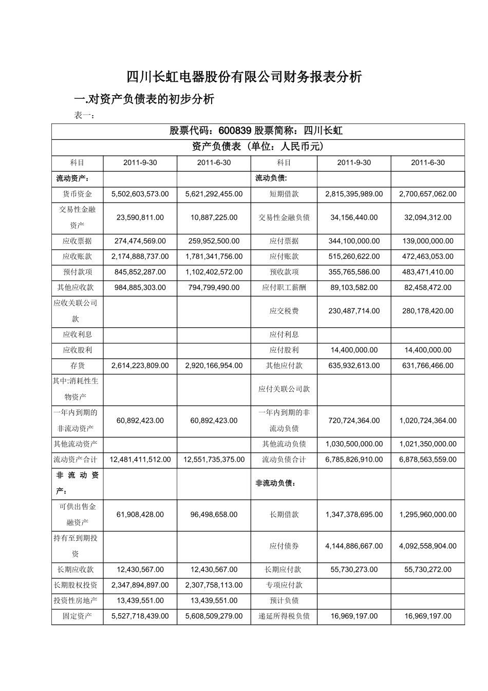 四川长虹电器股份有限公司财务报表分析_第1页