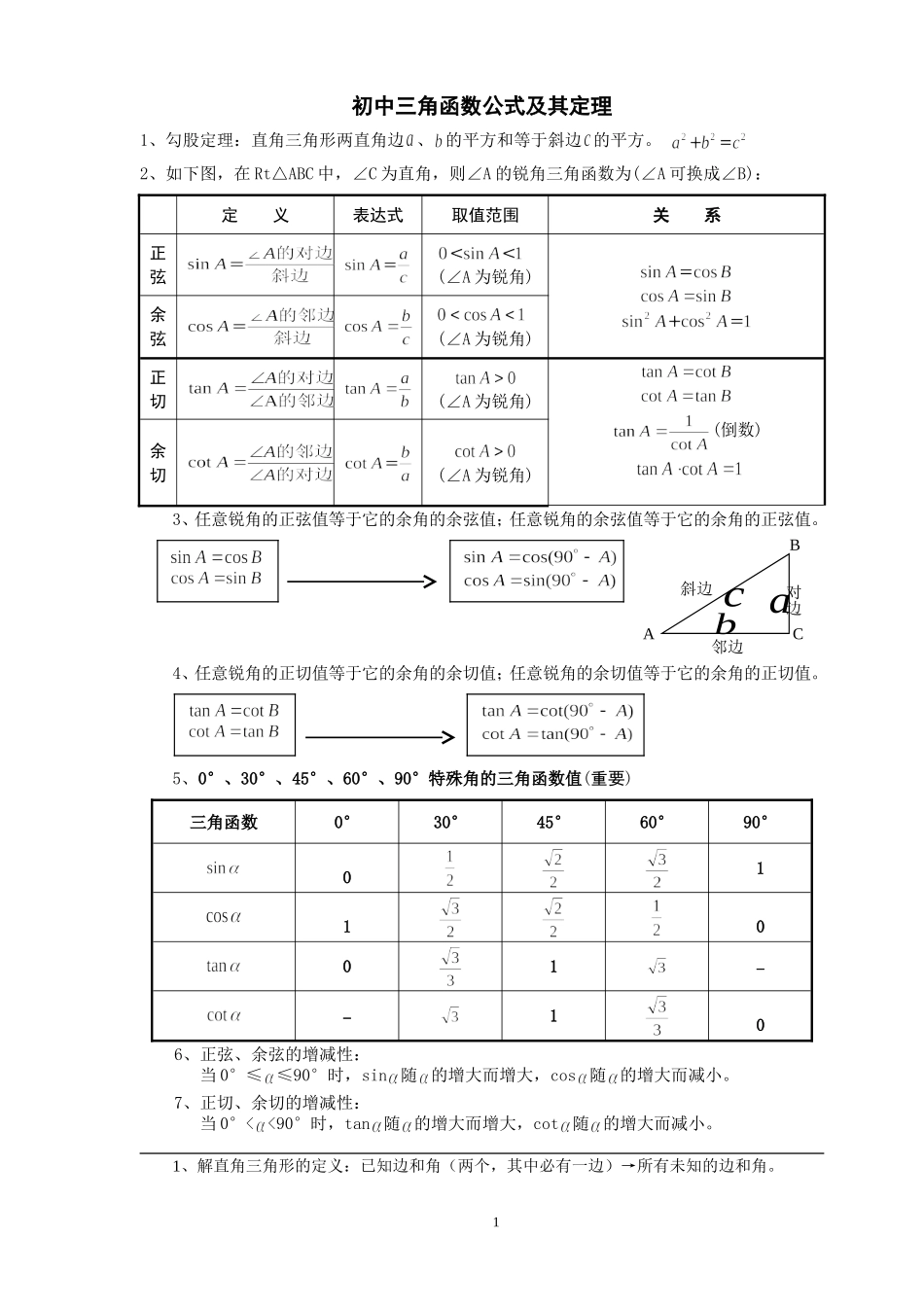 初中三角函数公式及其定理_第1页