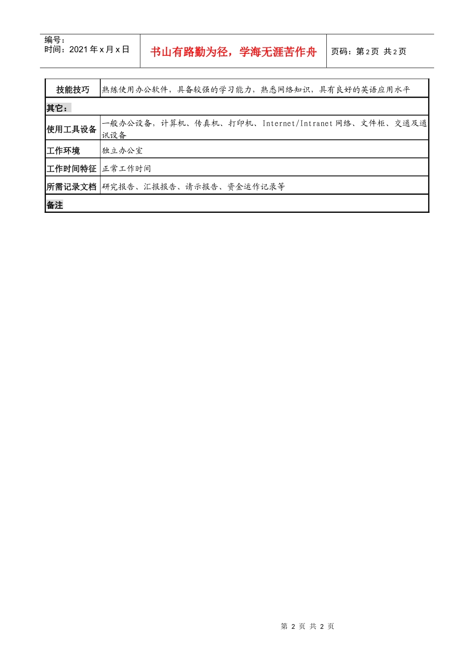 投资公司信托理财部国债交易员专责职务说明书_第2页