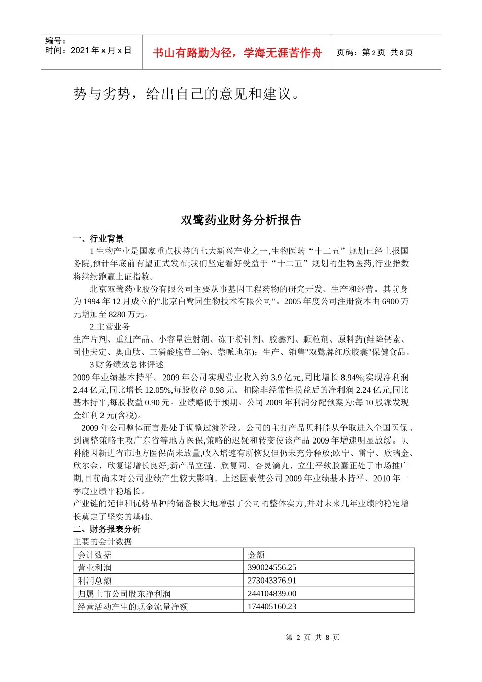 某药业公司财务报表分析(doc 9页)_第2页