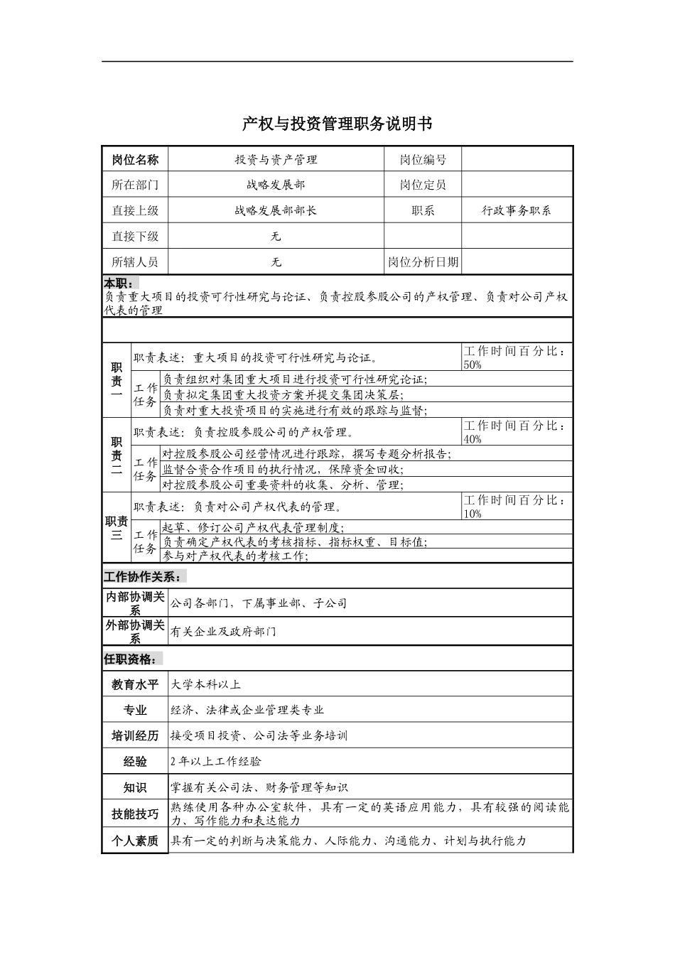 产权与投资管理岗位说明书_第1页
