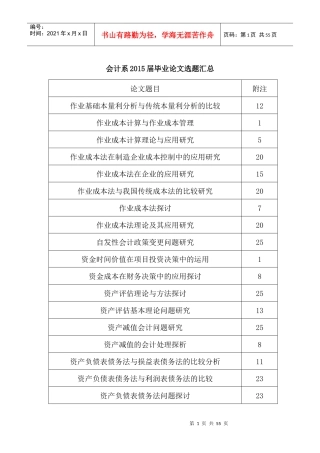 XXXX届会计专业毕业论文参考选题