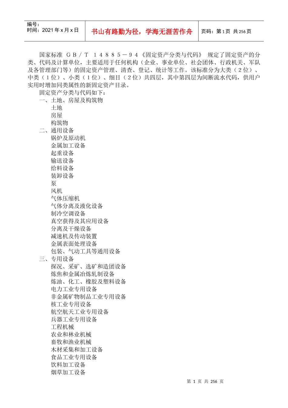 国家标准GB／T14885－94《固定资产分类与代码》规_第1页