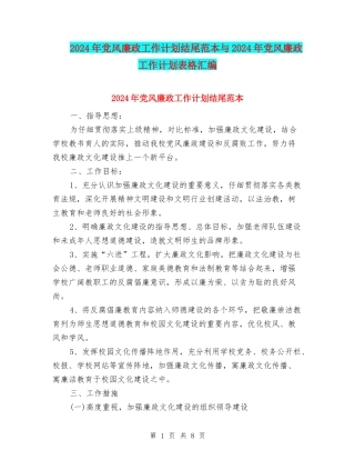 2024年党风廉政工作计划结尾范本与2024年党风廉政工作计划表格汇编