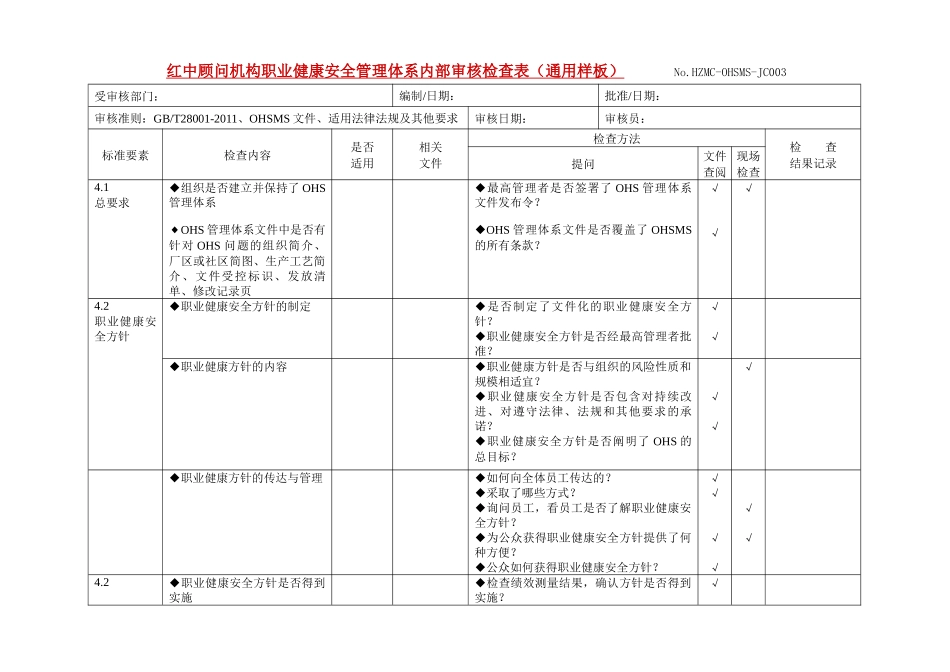 OHSAS1800内部审核检查表(赵继红老师提供参考)_第1页