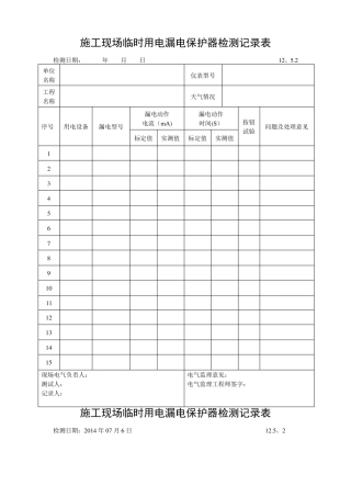 施工现场临时用电漏电保护器检测记录表