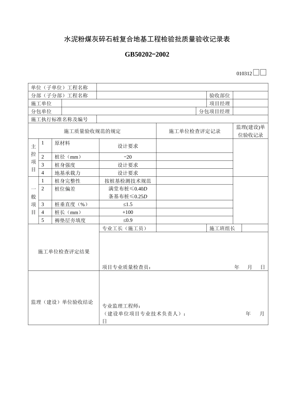 水泥粉煤灰碎石桩复合地基工程检验批质量验收记录表_第1页