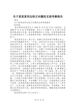 关于某某某同志转正问题的支部考察报告