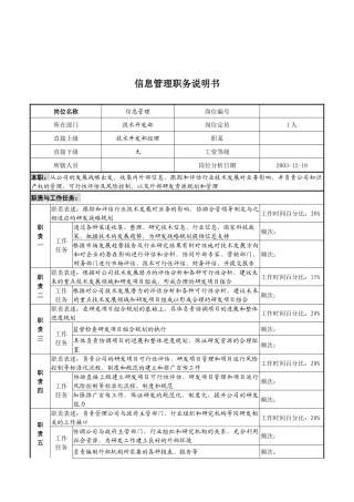 湖北新丰化纤公司技术开发部信息管理职务说明书