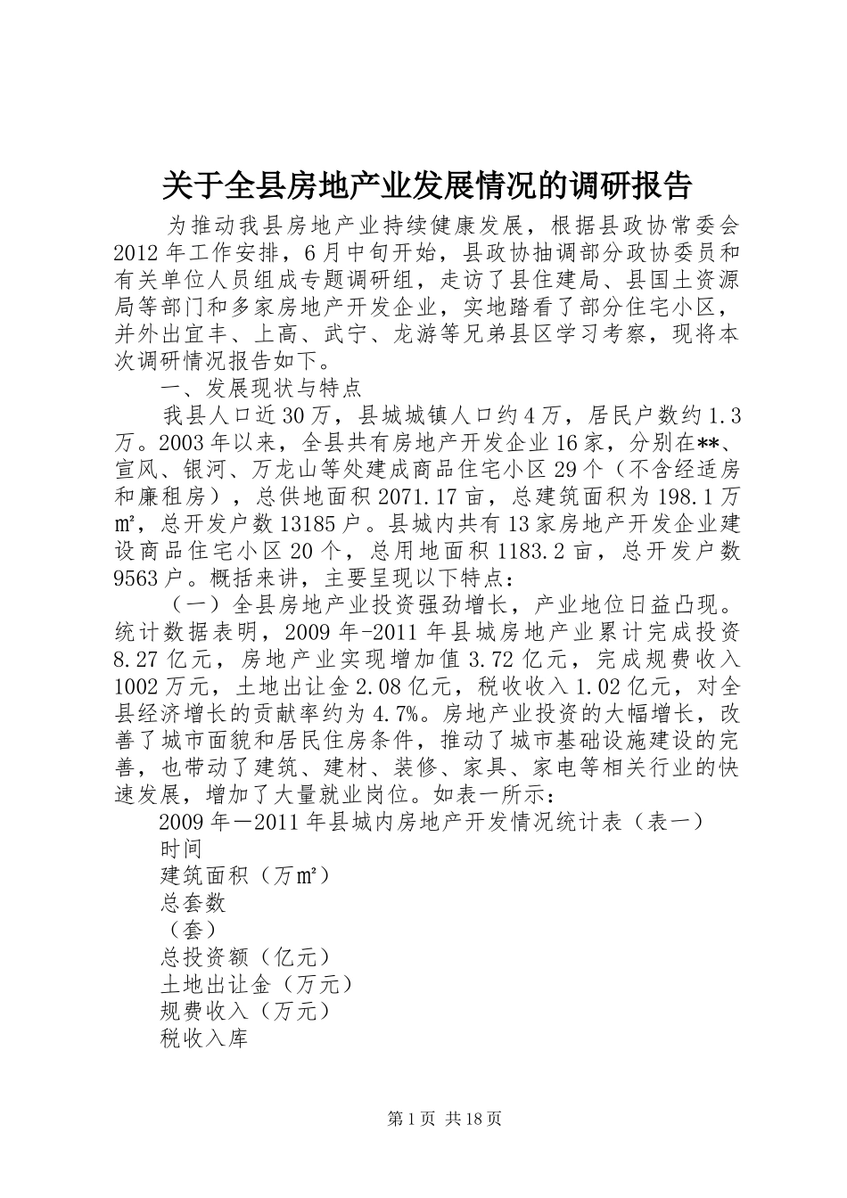 关于全县房地产业发展情况的调研报告_第1页