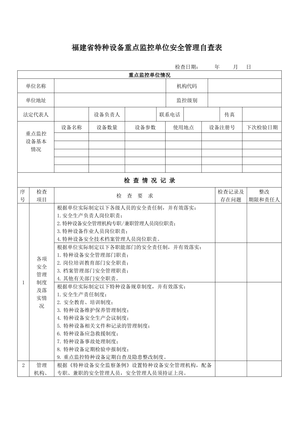 特种设备重点监控单位安全管理自查表-龙岩市质量技术监督局_第1页